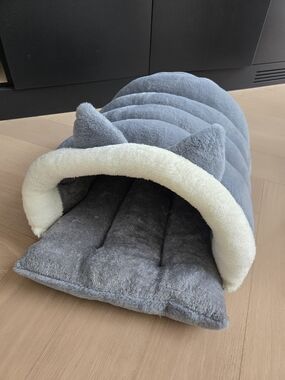 Cozy Gray Plush Cat Cave Bed with Cream Trim